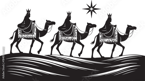 Silhouette Three Kings on Camels with Bethlehem Star. Nativity Epiphany Desert Scene Vector