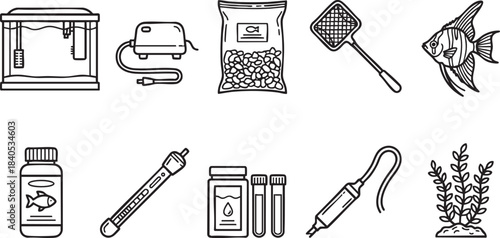 Collection of black and white line art icons for aquarium care and fishkeeping tank food
