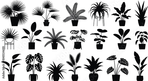 Potted plant silhouette collection, indoor foliage icons, black botanical sketch, decorative greenery design, houseplant art, minimalist nature illustration set