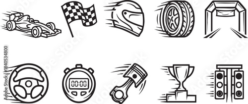 Collection of black and white racing icons including car flag helmet tire finish line steering wheel stopwatch piston trophy and traffic