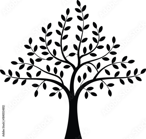 Stylized tree silhouette illustration, black nature icon, decorative foliage sketch, growth symbol design, minimalist botanical art, family tree graphic