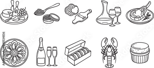 Collection of black and white line art illustrations of gourmet food and drinks cheese grapes