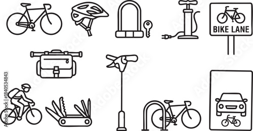 Collection of black line art icons depicting cycling equipment and transportation bicycle bike