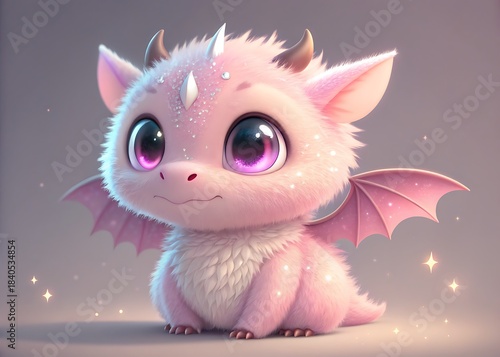 Fluffy dragon character with bright eyes and small pink wings