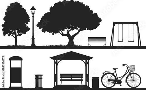 Public park silhouette collection, outdoor element icons, black infrastructure sketch, nature leisure design, community space art, minimalist illustration set