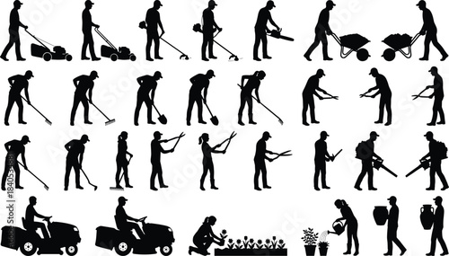 Set of vector stick figure pictograms showing people gardening on balconies, watering plants, arranging pots on shelves, and tending to indoor greenery.