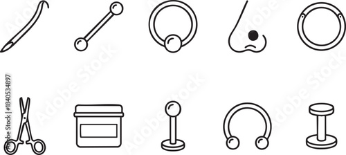 Collection of black line art icons for body piercing tools and jewelry needle barbell