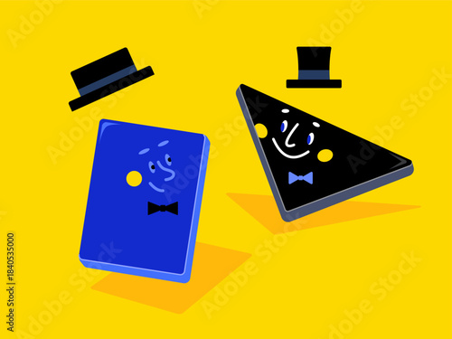 Two geometric shapes rectangle, triangle with cute male faces, bow tie, English bowler hat. Vector illustration of concepts of duality, contrast, dialogue, dispute, compromise, agreement, consensus.