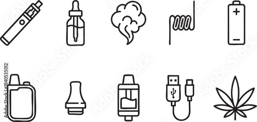 Collection of black line art icons for vaping and cannabis vape e-cigarette