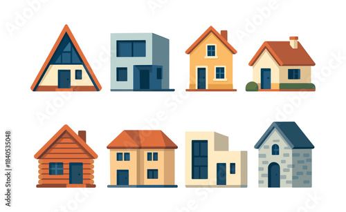 House collection, diverse homes, architecture types, flat vector illustration