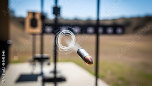 Target practice at an outdoor shooting range with a blurred bullet in flight