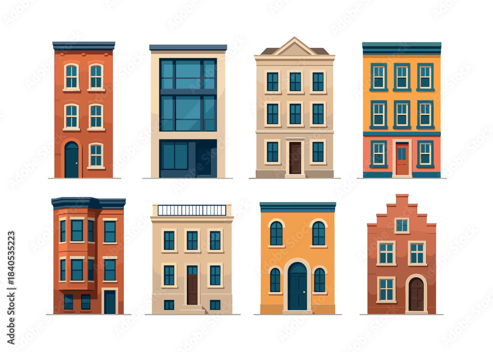 Naklejka premium Building facades, architecture styles, urban cityscape, flat vector illustration