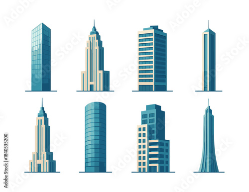 Urban skyscraper set, modern tall buildings, flat vector illustration