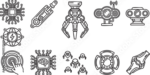 Collection of black line art icons representing technology science and anatomy vector
