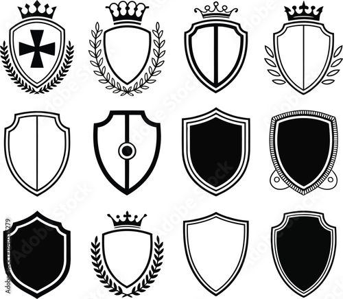 Collection of medieval shields and crests in black and white outline