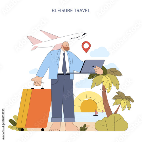 Businessman Traveling and Working on Laptop Vector Illustration