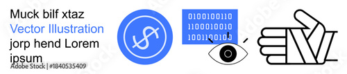 Digital security, coding, binary data, surveillance, cybersecurity, encryption. A circular dollar sign, an eye with binary code and a hand symbol. Digital security and coding concepts