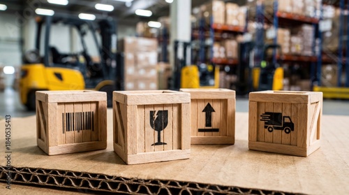 Wooden crates with shipping icons in a warehouse setting with forklifts blurred in the background