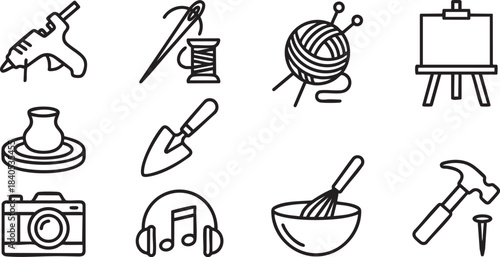 Collection of black outline icons for crafting hobbies and activities hobby