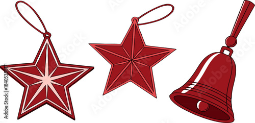 Red Christmas ornaments: ball, star, and bell, isolated with no background, ideal for holiday graphics, invitations, and design projects.
