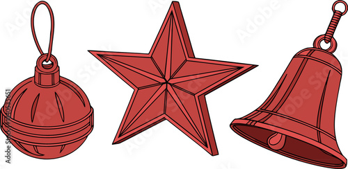 Red Christmas decorations: ball, star, and bell isolated on transparent background, perfect for festive holiday designs and projects.