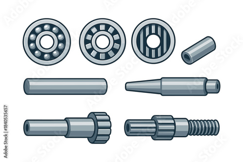 Mechanical components set, bearings, gears, flat vector illustration