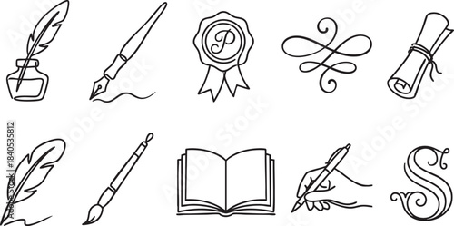 Collection of hand-drawn black line art icons for writing and art quill inkwell