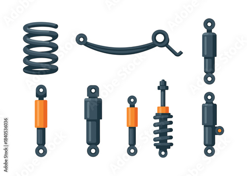 Suspension system, shock absorbers and springs, flat vector illustration