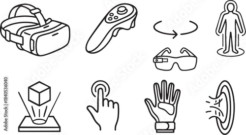 Collection of line art icons representing virtual reality technology and interaction augmented
