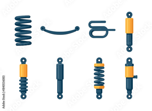 Vehicle suspension parts, flat vector illustration, springs, shock absorbers