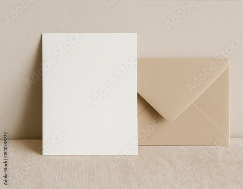 Blank white invitation card leaning on wall with kraft envelope mockup
