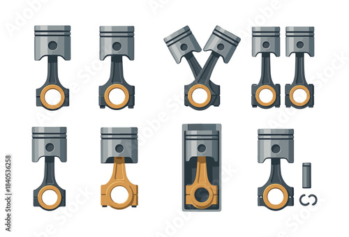 Piston and rod, engine parts, flat vector illustration, mechanical, automotive design
