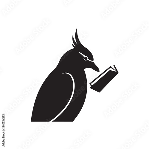 Bird Reading Book Silhouette with Minimalist Design in Black and White for Editorial Use