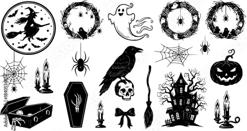 modern halloween silhouette border frame with cemetery and pumpkins on transparent background.halloween footer banner design decoration 