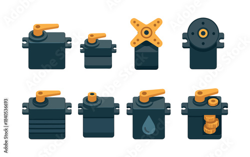 Servo motor collection, gears, levers, and components, flat vector illustration