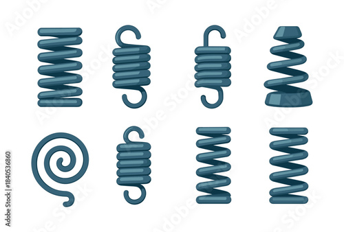 Spring coils set, flat vector illustration, spiral, metal, mechanical designs