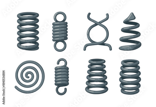 Metal springs collection, coils, spirals, flat vector illustration
