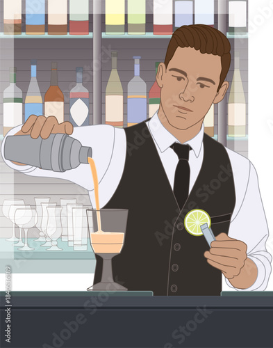 people food, male bartender pouring a mixed drink from a shaker into a glass and holding garnish with bottles and glasses in the background