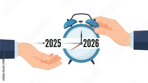 Hands adjusting a clock displaying the transition between the years two thousand twenty five and two thousand twenty six