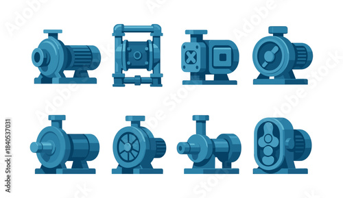 Industrial pumps set, flat vector illustration of machinery, turbines, valves