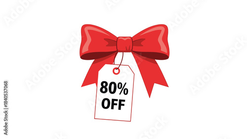 A vibrant red bow with a discount tag displaying eighty percent off is shown