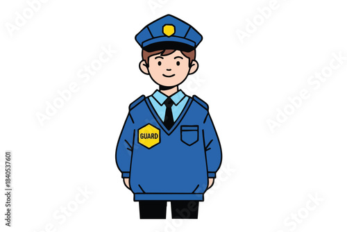 Cartoon man in blue uniform with yellow hexagon guard patch