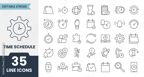 Time schedule line icons set with editable stroke. Contains icons related to planning, calendar, time management, reminder, deadline and more. Vector illustration