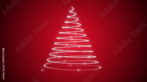 Glowing white spiral Christmas Tree and glittering particles on dark red gradient background. Full HD festive Christmas motion background animation.