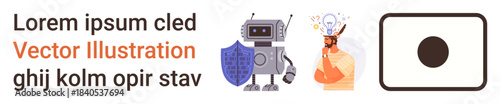 Artificial intelligence, cybersecurity, innovation, robotics, creative thinking, design elements. A robot with a shield, a person with an idea bulb and a square shape. Artificial intelligence