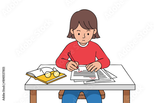 Student marking test papers with red pen at a desk, glasses, book