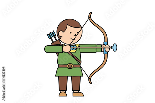 A cartoon boy in green tunic aiming a bow and arrow, quiver on back