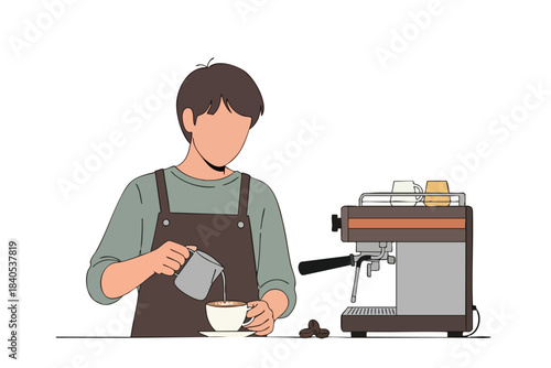 Person pouring milk into a coffee cup next to an espresso machine