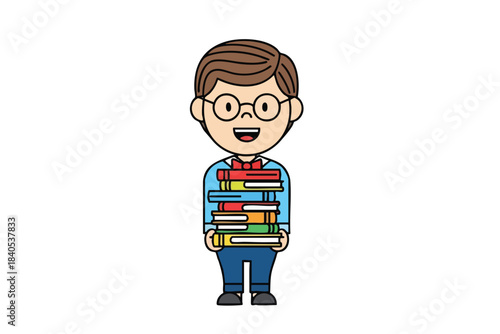 Cheerful boy in glasses holding a stack of colorful books