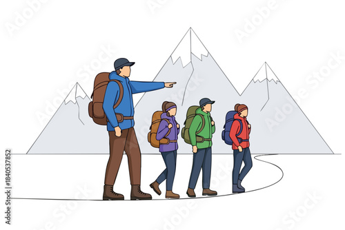 Four hikers with backpacks walk along a path towards mountains, guided by the lead